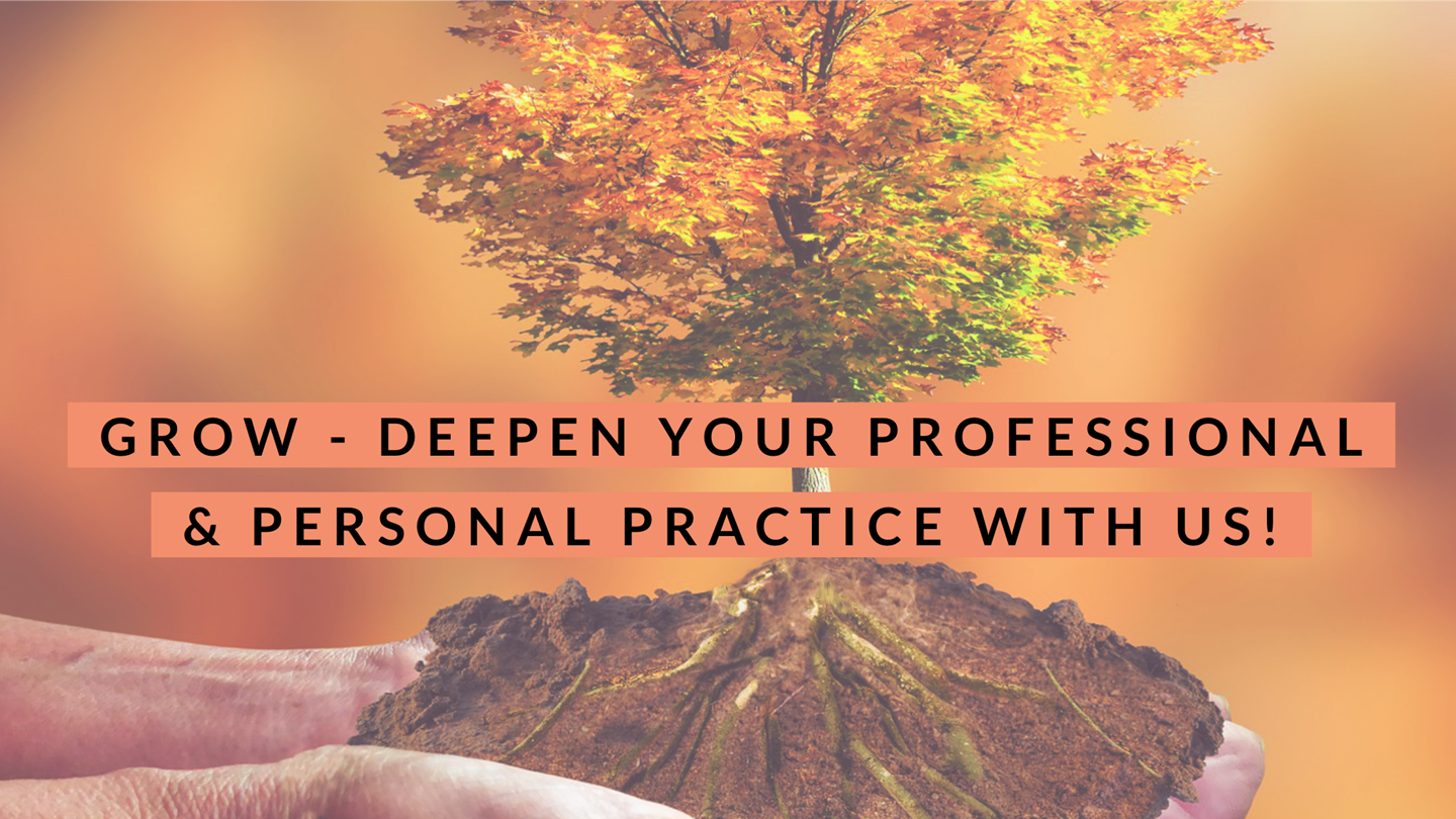 Tree with yellow red and green leaves with the trunk and the roots and soil. All being held in a person&#39;s hand. Text across the picture says Grow -deepen your professional practice with us! 