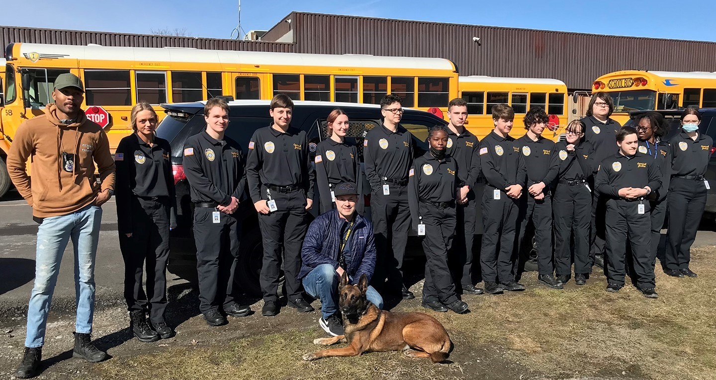 Binghamton Police Department K9 officers Chris Bracco and Terris Williams share insights with Criminal Justice students