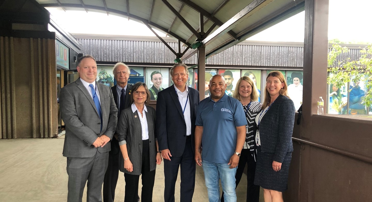 New York State Assembly Speaker Carl Heastie (third from right) visited BOCES August 22 to announce a $1.3 million grant to fund a new Building Trades Complex at our Glenwood Road campus.